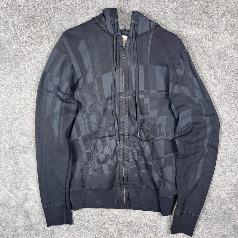 Diesel Hoodie Mens L Full Zip SQUATT All Over Print Grunge Streetwear Sweatshirt